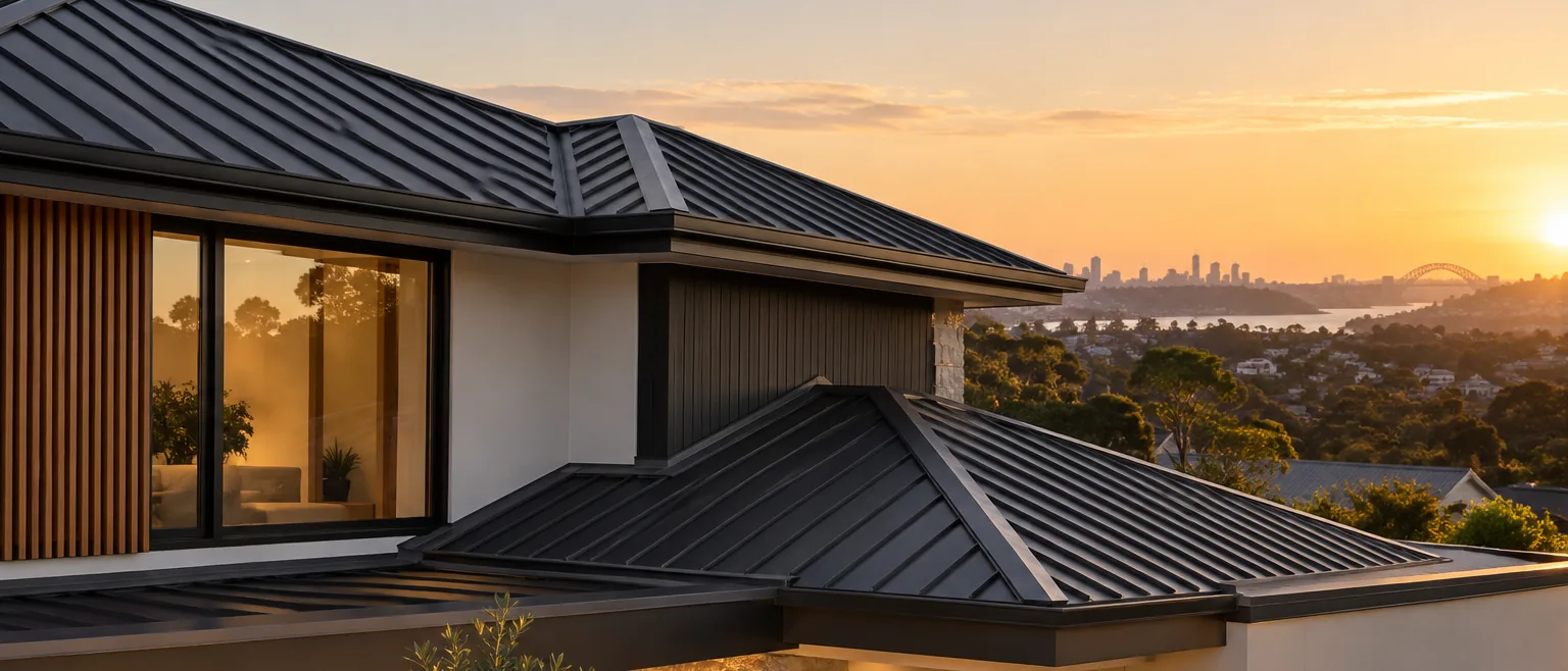 Illustrative image: dark standing-seam metal roof on a modern home at sunset